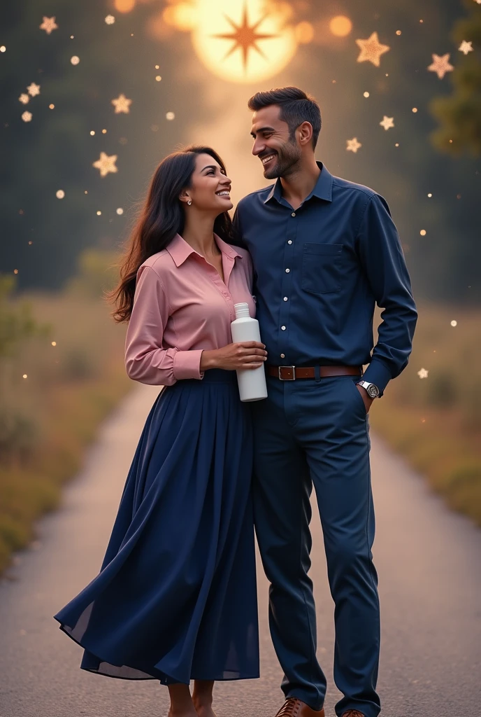 A real life beautiful Lebanese woman on a beautiful long sleeve pink shirt and navy blue long skirt with her American male partner on a navy blue attire, smiling on a long road alone, holding a large skin care lotion bottle in one hand, smiling and happy, with a subtle background of stars or a compass, symbolizing their journey together being guided by destiny.

With a caption of: I Write Books on Skincare, Relationship and Destiny.