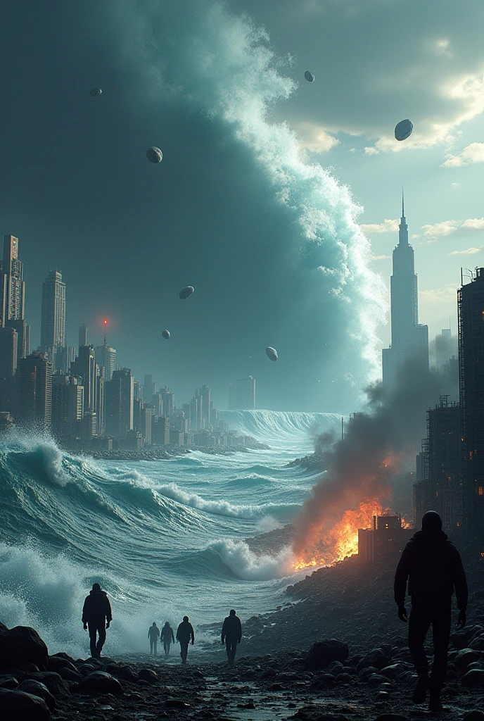 (photorealism:1.2),it’s a doomsday, Tsunami hitting cities, destruction, asteroids in sky, fire. 