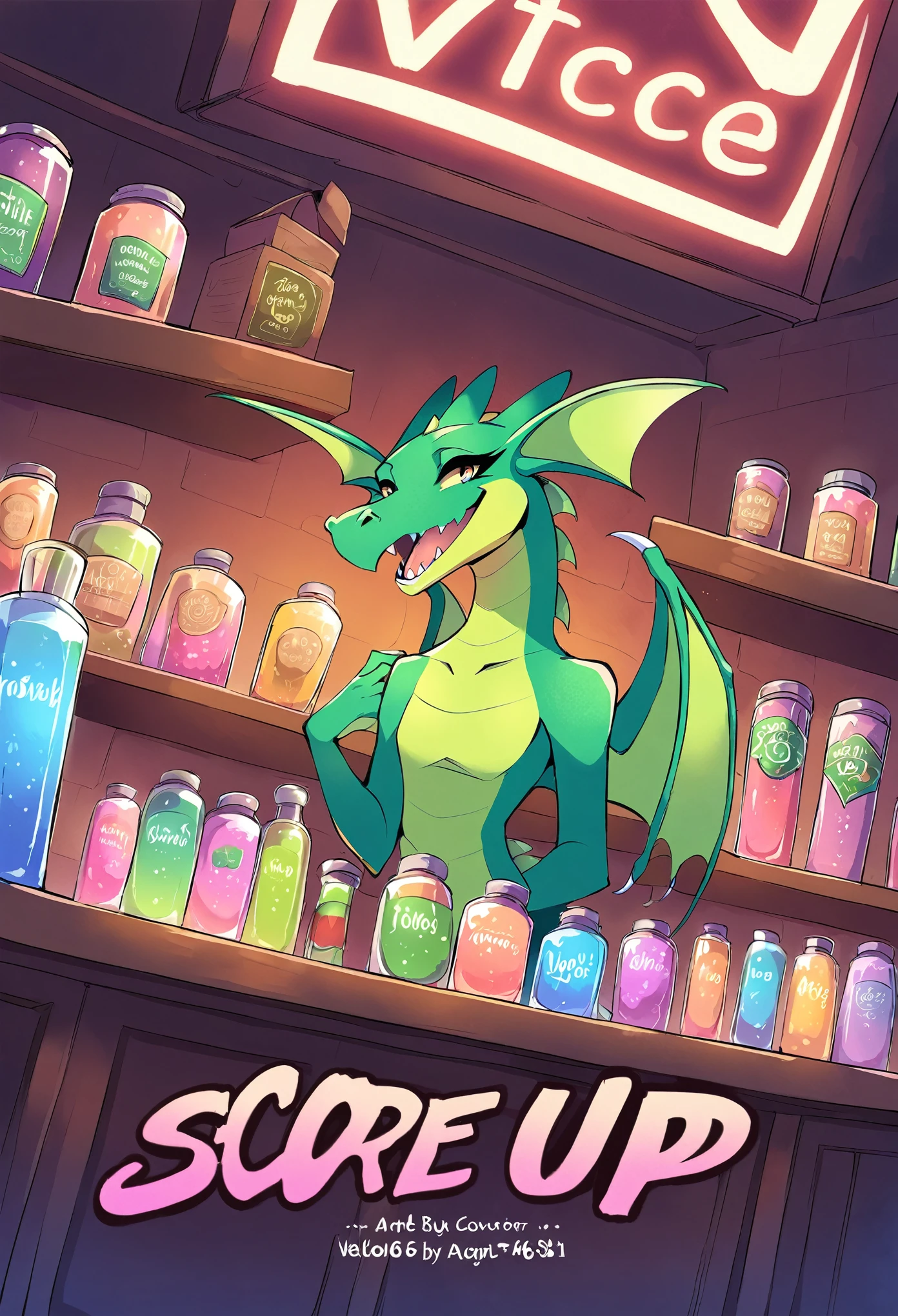 rating_safe, score_9, score_8_up, score_7_up, score_6_up, score_5_up, score_4_up, hires, source_furry, cover_page(furry art, uploaded on e621)massive green dragon, welcoming smile, the counter in a shop, full of glowing potions, dynamic angle,