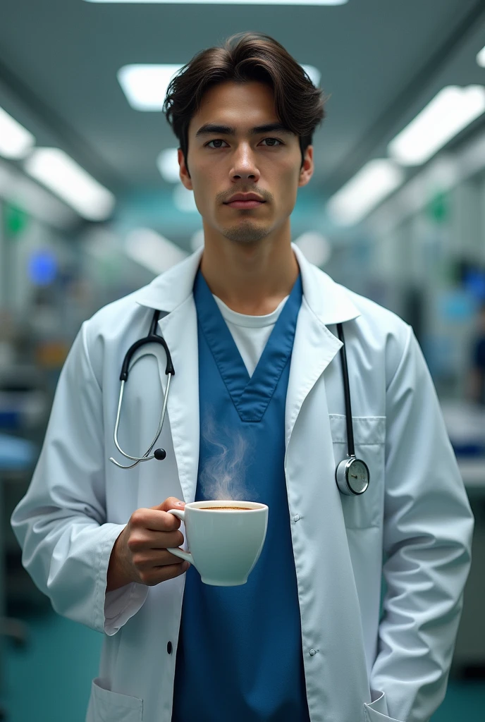 Young Docter with coffee without smile animation