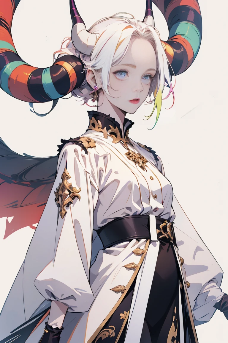 Designed by nty, A woman is, (Albino demon girl standing, long and complex horns:1.2, multicolored clothing), Complicated details, coloured background, Abstract