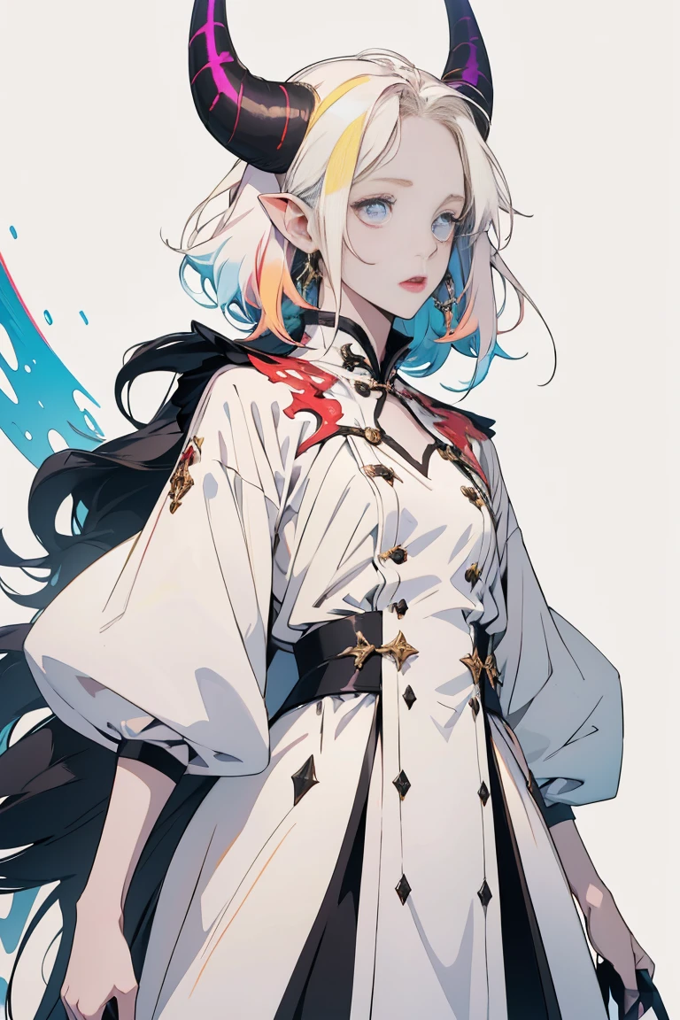 Designed by nty, A woman is, (Albino demon girl standing, long and complex horns:1.2, multicolored clothing), Complicated details, coloured background, Abstract
