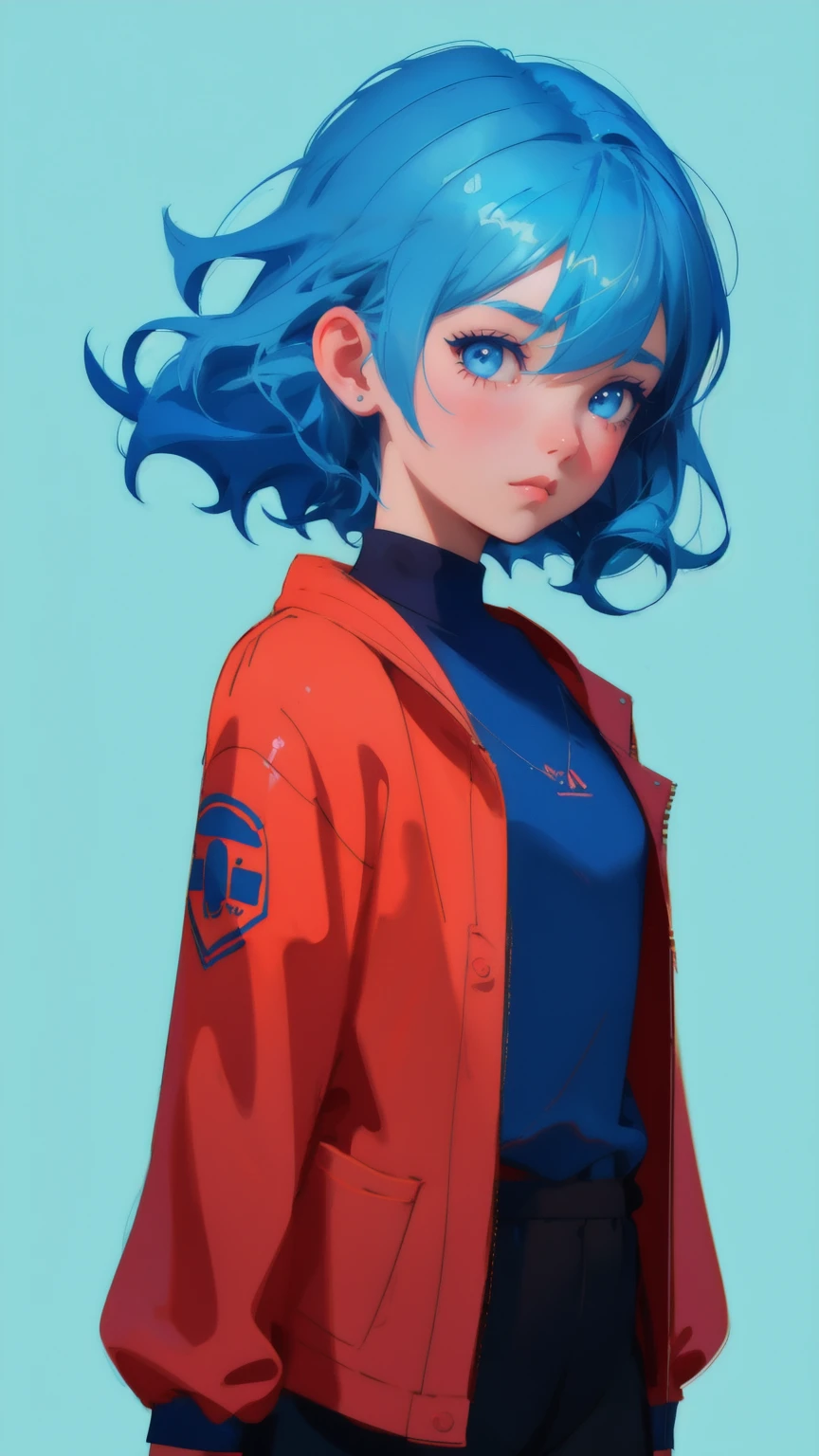 a cute girl with a blue hair and a red shirt,looks worried and nervous 2d illustration, 2 d illustration, loish van baarle, emotional concept art, 2d digital illustration, 2d matte illustration, cartoon moody scene, childrens art in artstation, cartoon digital painting, art contest winner on behance, cute detailed digital art blue background 