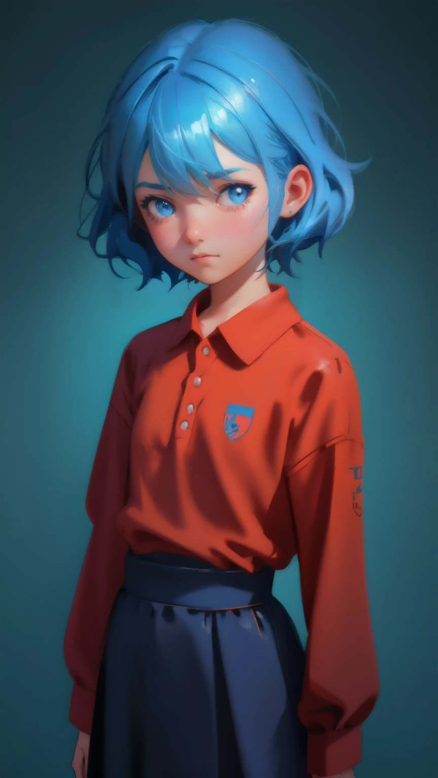 a cute girl with a blue hair and a red shirt,looks worried and nervous 2d illustration, 2 d illustration, loish van baarle, emotional concept art, 2d digital illustration, 2d matte illustration, cartoon moody scene, childrens art in artstation, cartoon digital painting, art contest winner on behance, cute detailed digital art blue background