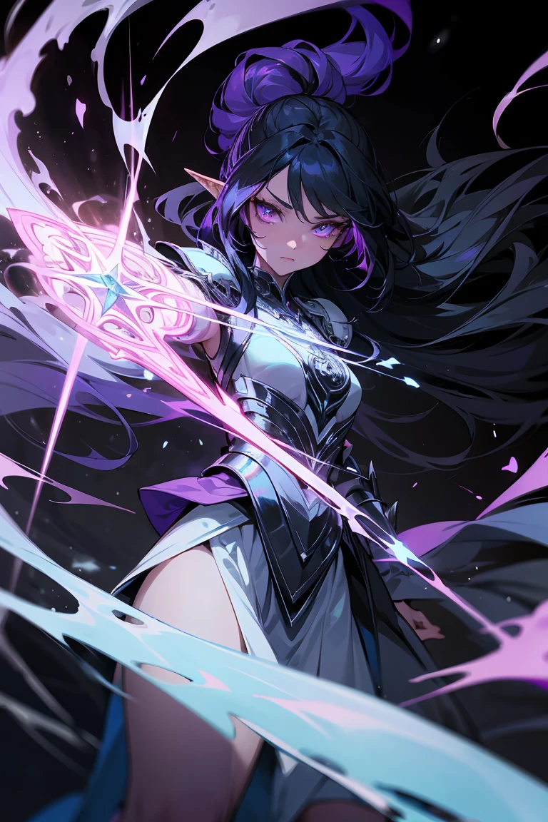 A fierce elven warrior stands poised for battle. She has striking purple skin that glows subtly under the dim, mystical light surrounding her. Her long, flowing black hair cascades down her back, contrasting sharply with her ethereal appearance. Clad in intricate, enchanted armor that shimmers with faint magical runes, she holds a beautifully crafted sword in one hand, with the other hand crackling with arcane energy. Her piercing eyes, glowing with a deep, magical intensity, are fixed on an unseen enemy. The atmosphere around her is charged with magic, as swirling mist and arcane symbols float in the air, hinting at the immense power she wields