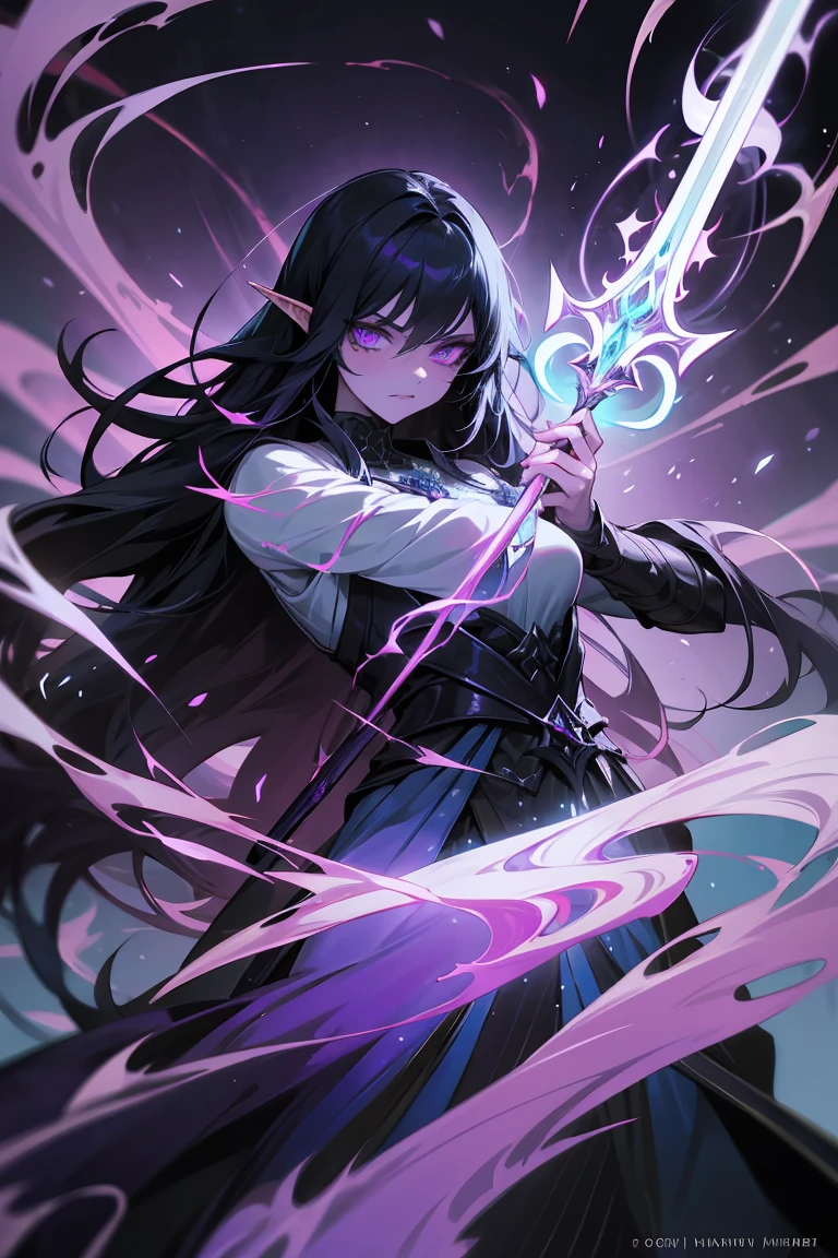 A fierce elven warrior stands poised for battle. She has striking purple skin that glows subtly under the dim, mystical light surrounding her. Her long, flowing black hair cascades down her back, contrasting sharply with her ethereal appearance. Clad in intricate, enchanted armor that shimmers with faint magical runes, she holds a beautifully crafted sword in one hand, with the other hand crackling with arcane energy. Her piercing eyes, glowing with a deep, magical intensity, are fixed on an unseen enemy. The atmosphere around her is charged with magic, as swirling mist and arcane symbols float in the air, hinting at the immense power she wields