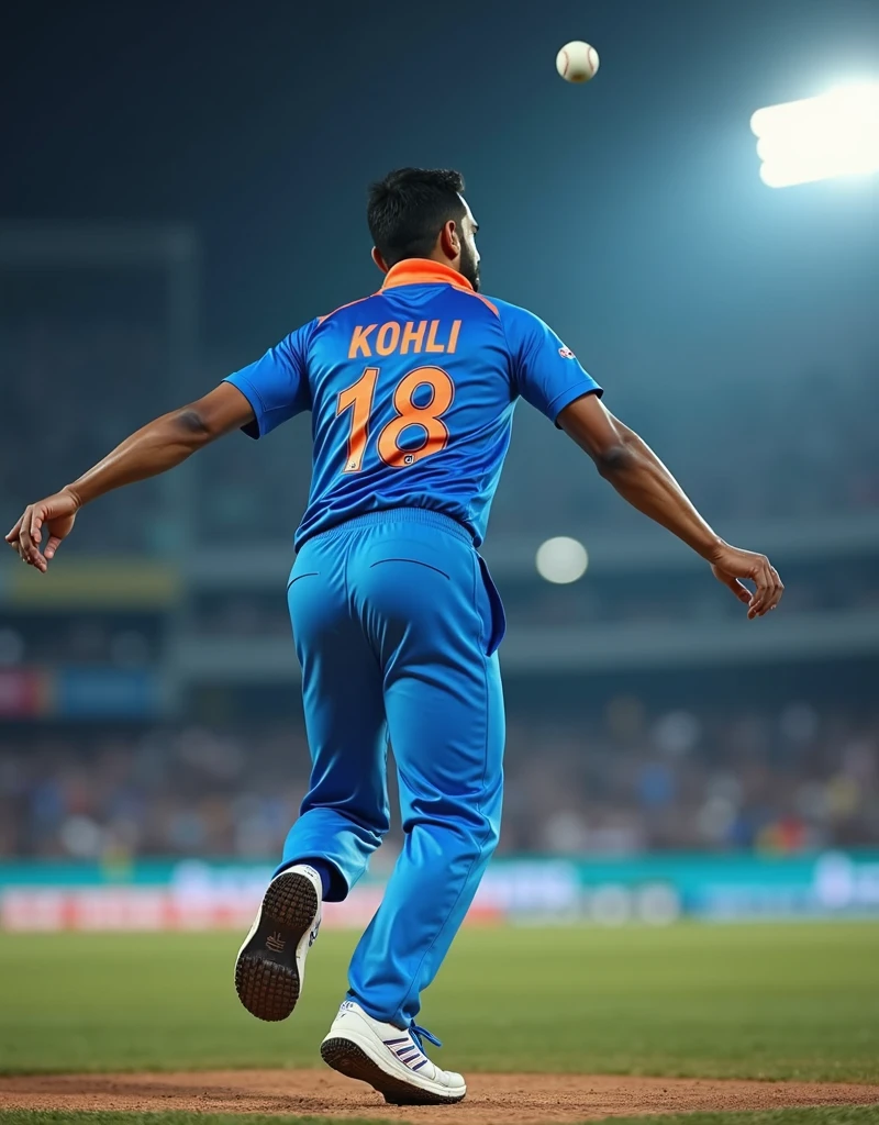 Cricket player Virat Kohli in blue jersey with INDIA written on the back and white sneakers pitching from behind,drop shadow, anaglyph, stereogram, tachi-e, ass pov, atmospheric perspective, 8k, super detail, best quality