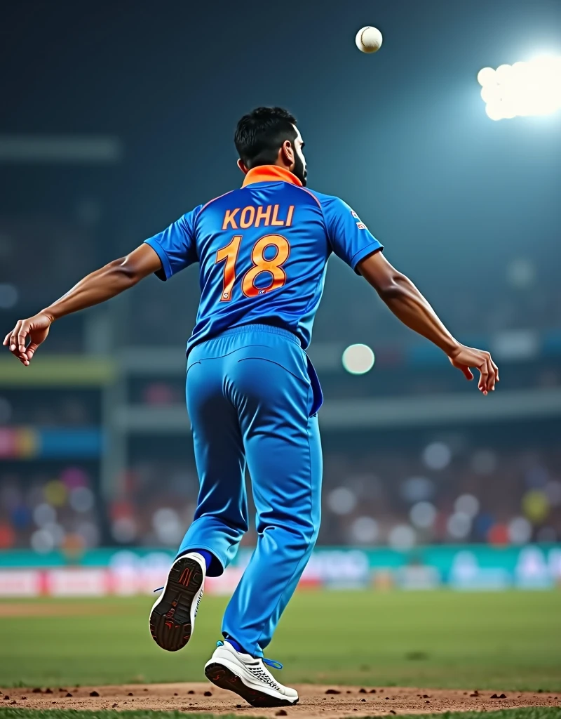 Cricket player Virat Kohli in blue jersey with INDIA written on the back and white sneakers pitching from behind,drop shadow, anaglyph, stereogram, tachi-e, ass pov, atmospheric perspective, 8k, super detail, best quality