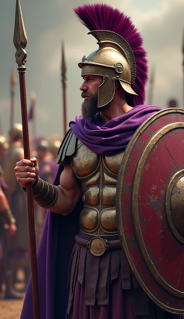A Greek hoplite, general, wearing helmet, wearing bronze armour, royal purple cloak, holding his spear and shield, ready for battle