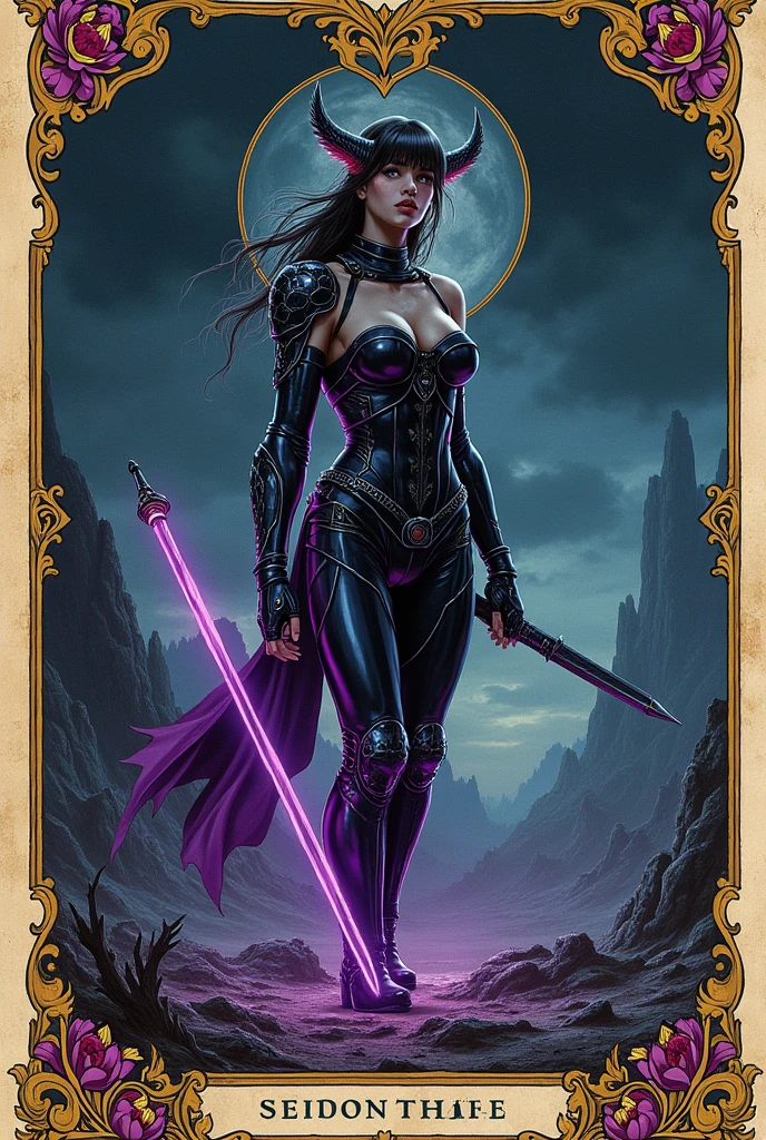 In a bleak and barren world, a valiant warrior Bionic Woman,1girl, ArsMJStyle, art nouveau,
, the scene is captured in dimly lit dark fantasy but vibrant colors, with bold ink lines defining form against the watercolor wash of the aged paper
(Art Noveau), ArsMJStyle, Drawn in the style of a tarot card, glowing neon purple trim, gold trim, skin tight outfit, revealing outfit, sexy