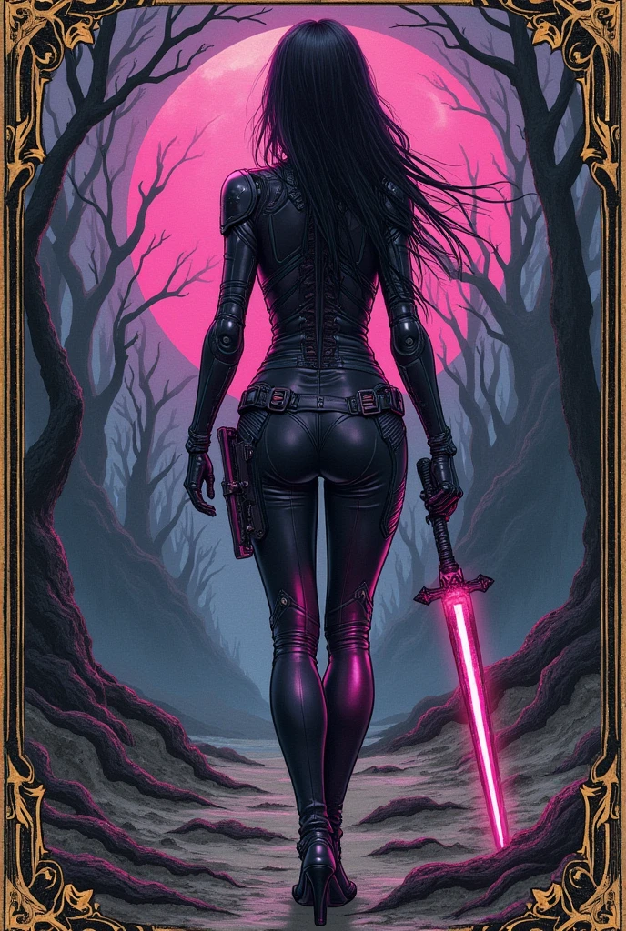 
In a bleak and barren world, a valiant warrior Bionic Woman,1girl, ArsMJStyle, art nouveau, 
, the scene is captured in dimly lit dark fantasy but vibrant colors, with bold ink lines defining form against the watercolor wash of the aged paper
(Art Noveau), ArsMJStyle, Drawn in the style of a tarot card, glowing neon purple trim, gold trim, skin tight outfit, revealing outfit, sexy