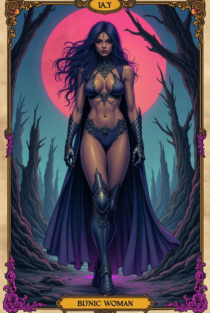 In a bleak and barren world, a valiant warrior Bionic Woman,1girl, ArsMJStyle, art nouveau,
, the scene is captured in dimly lit dark fantasy but vibrant colors, with bold ink lines defining form against the watercolor wash of the aged paper
(Art Noveau), ArsMJStyle, Drawn in the style of a tarot card, glowing neon purple trim, gold trim, skin tight outfit, revealing outfit, sexy