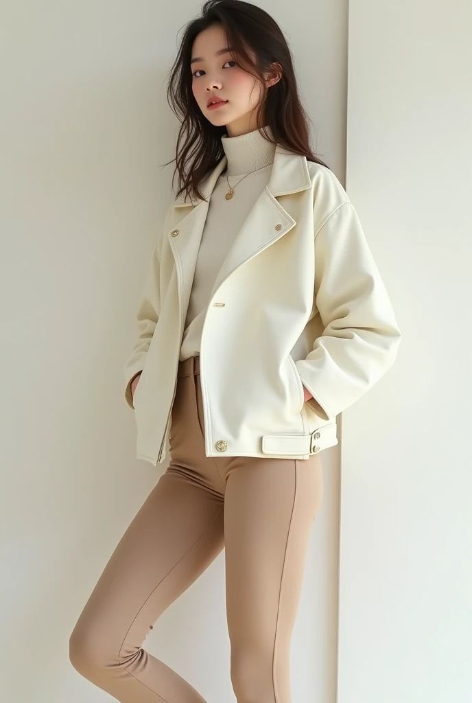 Girl in beige leggings, a long white sweater and a white short leather jacket