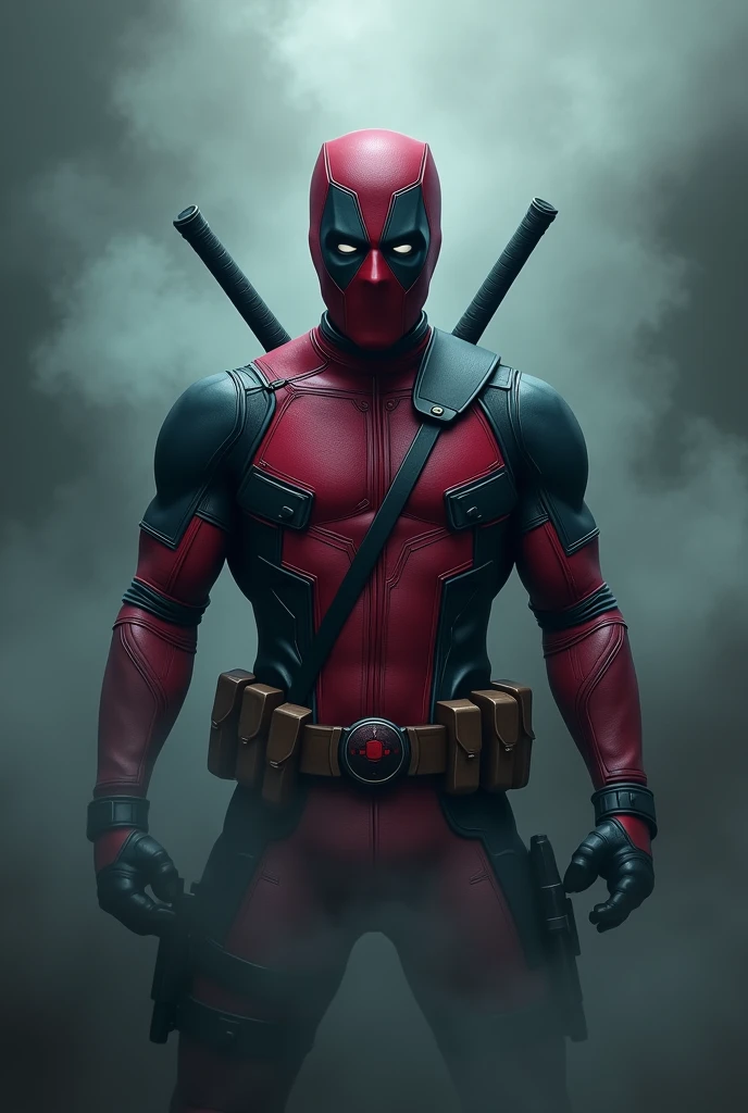 deadpool, detailed illustration, cinematic, coming out of a thick fog, facing the camera, highly detailed, hyper-realistic, 8k, masterpiece, professional, vivid colors, dramatic lighting, comic book style, intense expression, powerful pose, muscular body, wearing red and black costume, swords on back, gritty, moody, atmospheric