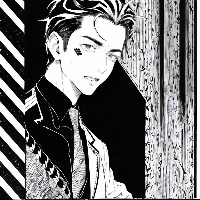 (((Black and white illustration with converging lines)))、(((Young handsome man with surprised face))),