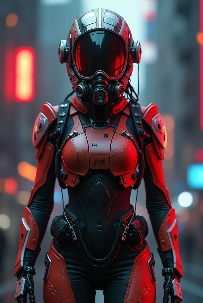 (best quality), future, 1girl, solo, miko motif exoskeleton suit, led, gas mask, holding blade, machinery, digital engraving, ultra highres, absurdres, deep glow effect, hdr, light particles, cinematic lighting, depth of field