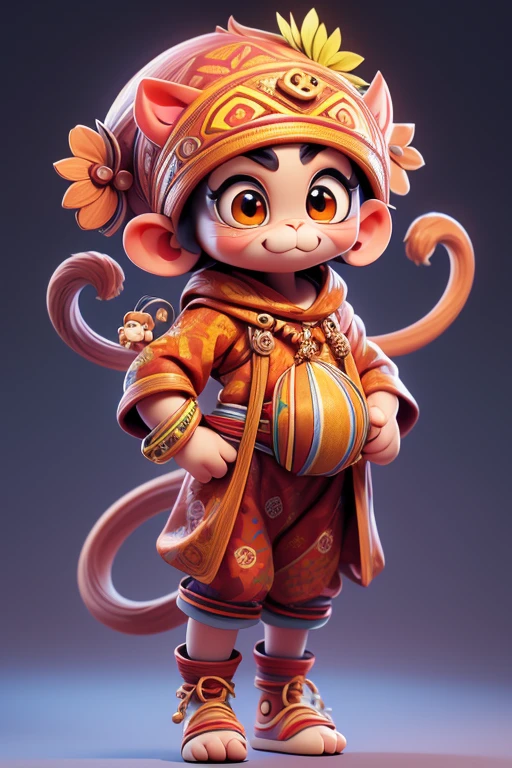 Create a picture of a little monkey monster., The image should be sharp and detailed, with beautiful colors. Exotic patterns. With arms, leg, eyes, mouth, พื้นหลังสีlegว