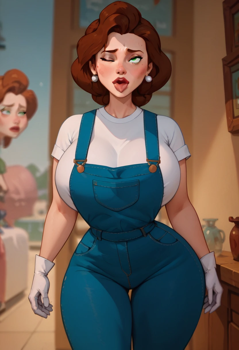 Annie Hughes Mom, mature woman, Caucasian, pale skin, wide hips, thick thighs, large bust, huge breasts, reddish hair, green eyes, build, earrings, white gloves, ahegao, wink, of course, blue jean overalls, shirt white, tight clothing