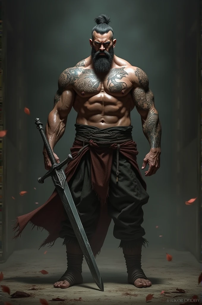 a tattoo covering his back, holding a sword, a fierce face