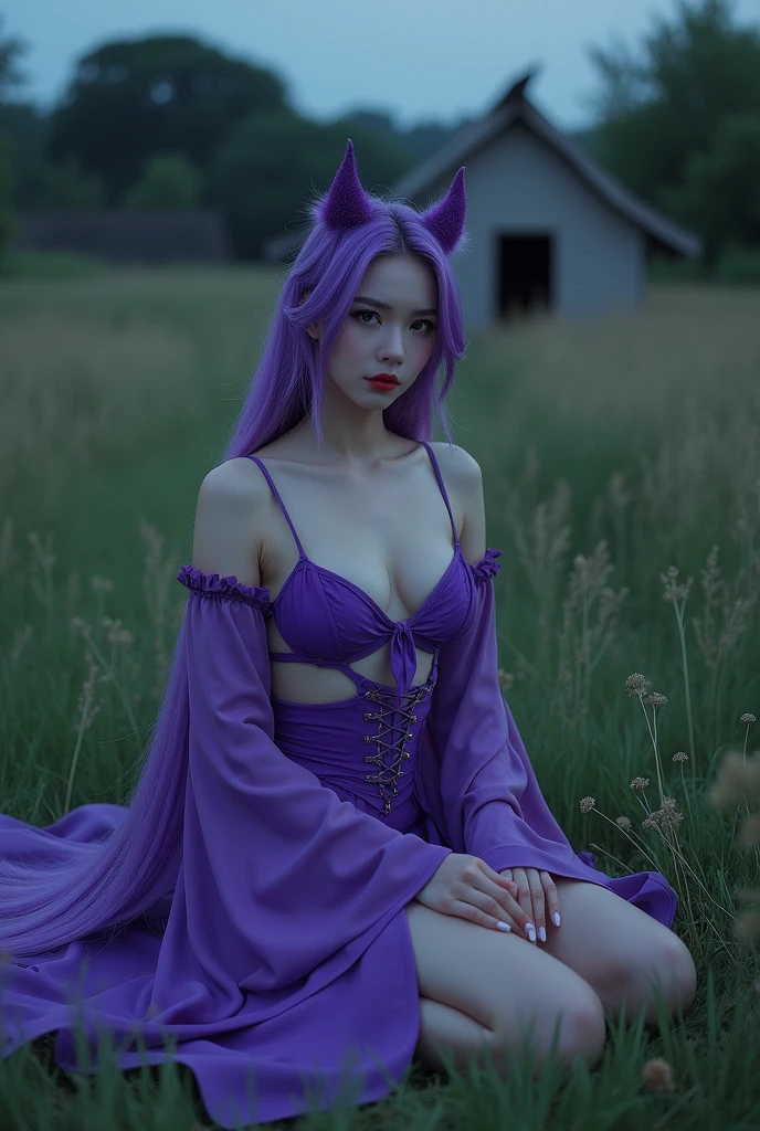 RAW Photos、4、doghouse、Grass, Wearing purple high leg, Beautiful hair all the way to the ends, Beautiful Japanese Women, short hair, Saggy breasts, Heavy makeup, Goddess of Eros, smile, View your audience, evening、Woman sitting