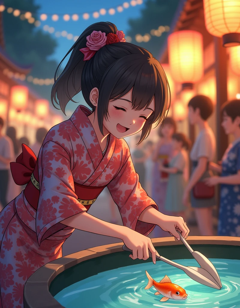 A joyful scene at a Japanese summer festival, with a young person dressed in a colorful yukata, leaning over a water-filled basin, trying to catch a goldfish with a delicate paper scoop. Lanterns illuminate the evening sky, and the air is filled with the sounds of laughter and traditional music. The bright colors of the yukata and the gentle ripples in the water create a vibrant and lively atmosphere.