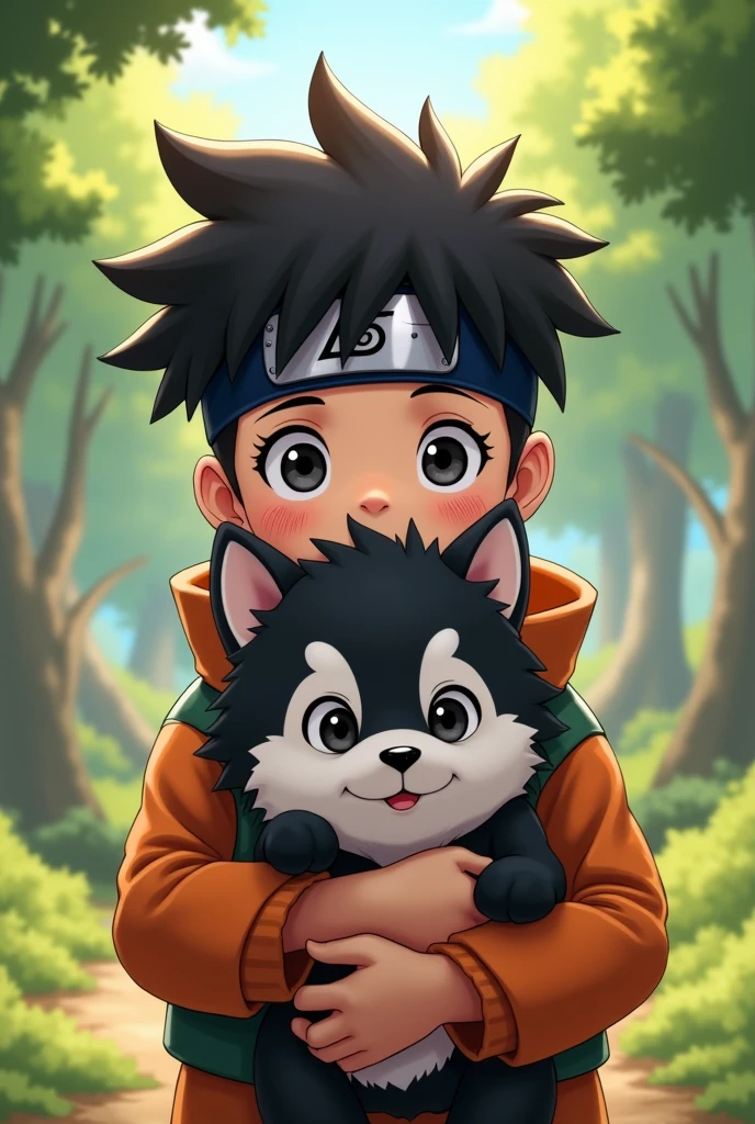 Naruto Boy Ninja with Big Eyes , with Ninja Headband , Holding A Black cute Husky puppy
