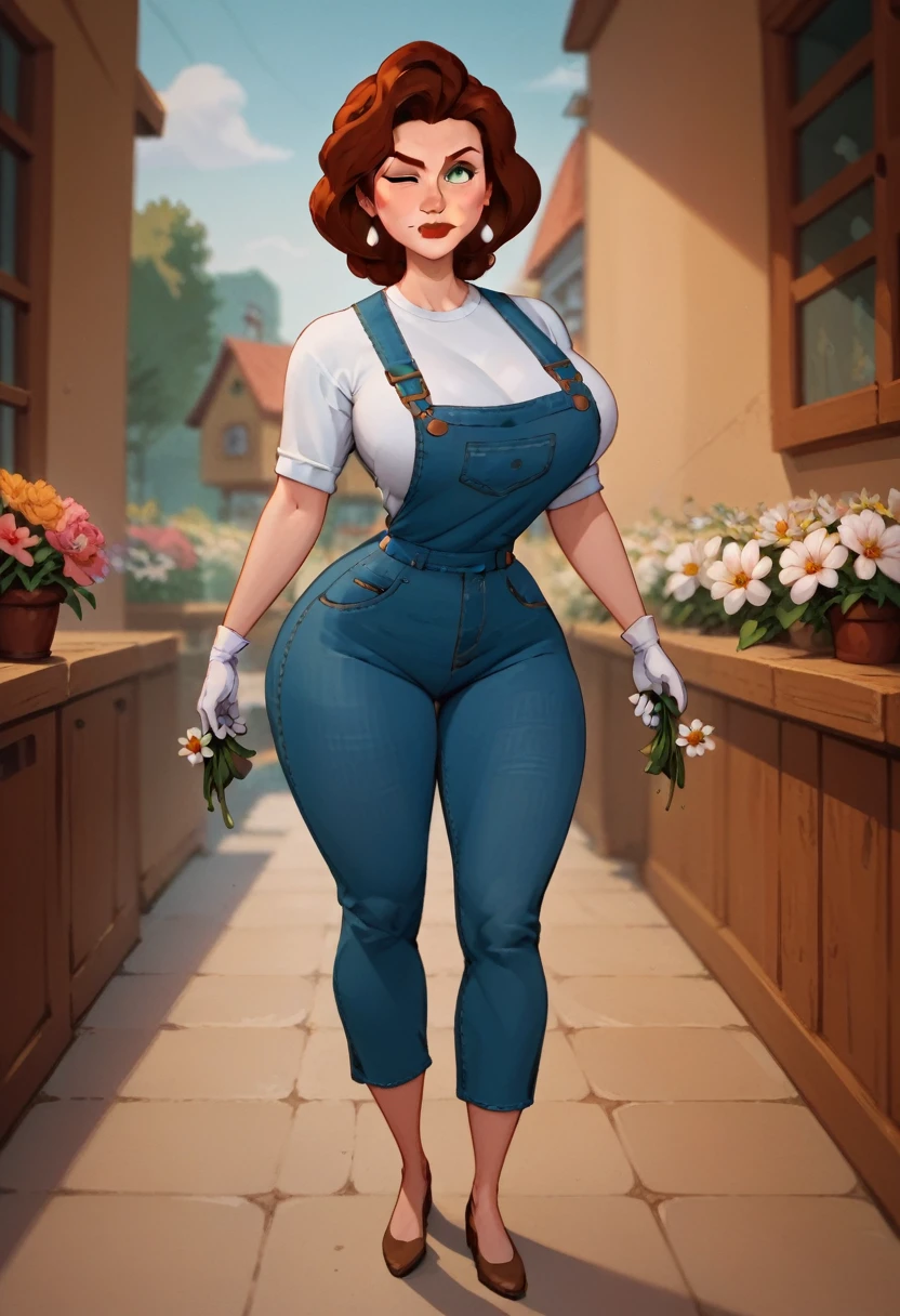 Annie Hughes Mom, mature woman, Caucasian, pale skin, wide hips, thick thighs, large bust, huge breasts, reddish hair, green eyes, build, earrings, white gloves, wink, blue jean overalls, white shirt, tight clothing, holding some flowers, full body, full view