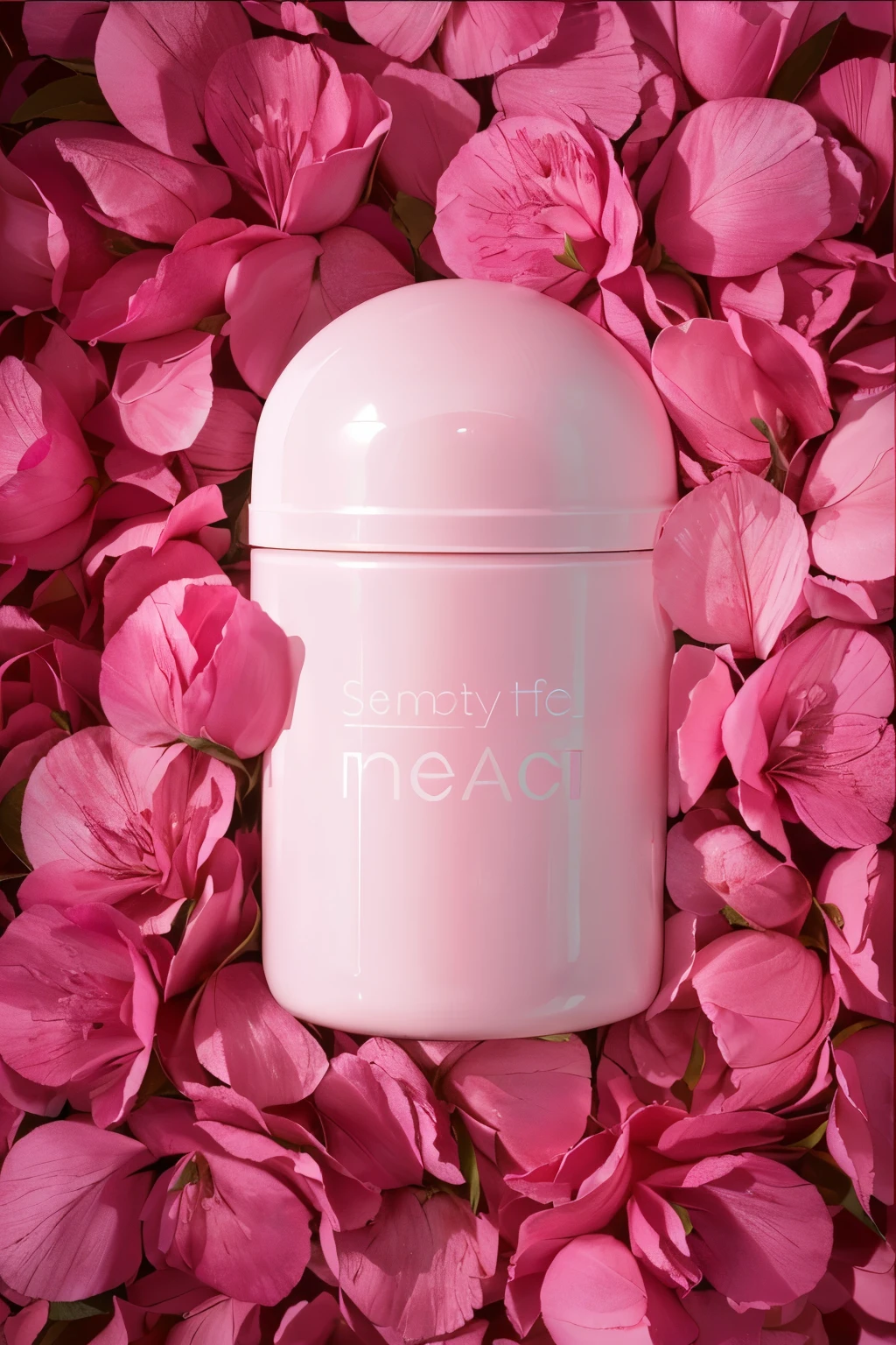 A container filled with mint leaves lies on a bed of rose petals, Melancholy Rose Soft Light, Sensual, Promotion, threateningly, Pink petals fly, Medium Panorama, Yin Ren, Pink petals, from me, 官方product照片, Smooth pink skin, product, Memes, Synthetic biological skin, beast, 戏剧性的product镜头