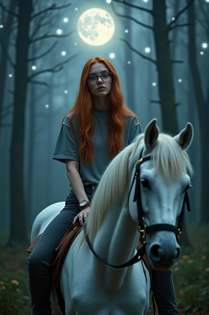 Portrait of a 17 year old Russian girl with long, straight red hair, wearing watches and glasses,oversized t-shirt and grey jeans,sitting on a white horse that is in a fairy tale,,(capricorn)being in the forest surrounded by big trees in a dark MLM atmosphere, lighting from the sky,the moon and the stars shining on them facing the camera