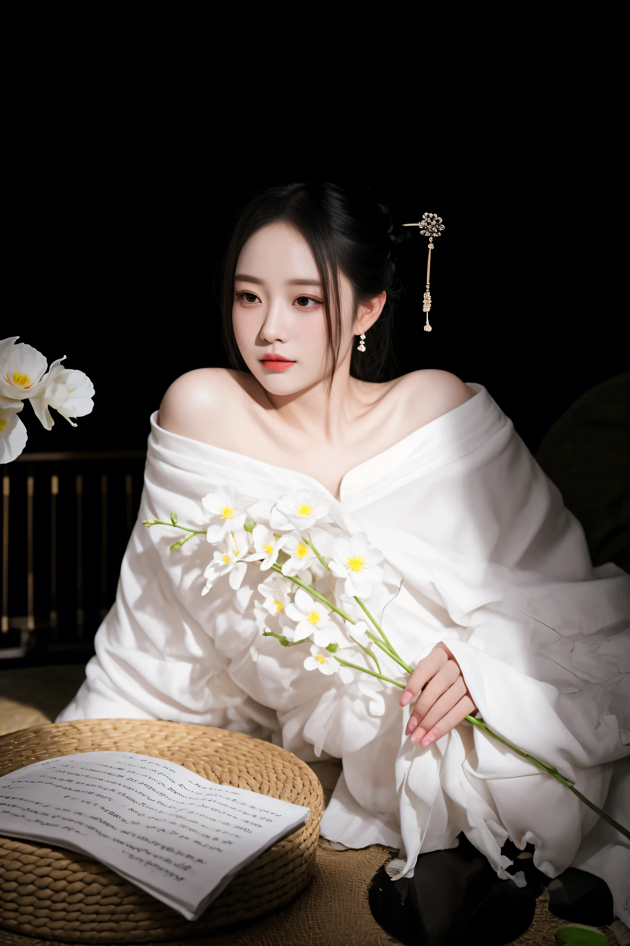 there is a woman in a white dress holding a flower, white hanfu, inspired by Tang Yin, inspired by Zhang Yan, palace ， a girl in hanfu, inspired by Huang Ji, portrait shot, hanfu, inspired by Gu An, a beautiful woman in white, inspired by Wu Bin, inspired by Tang Yifen, inspired by Qiu Ying