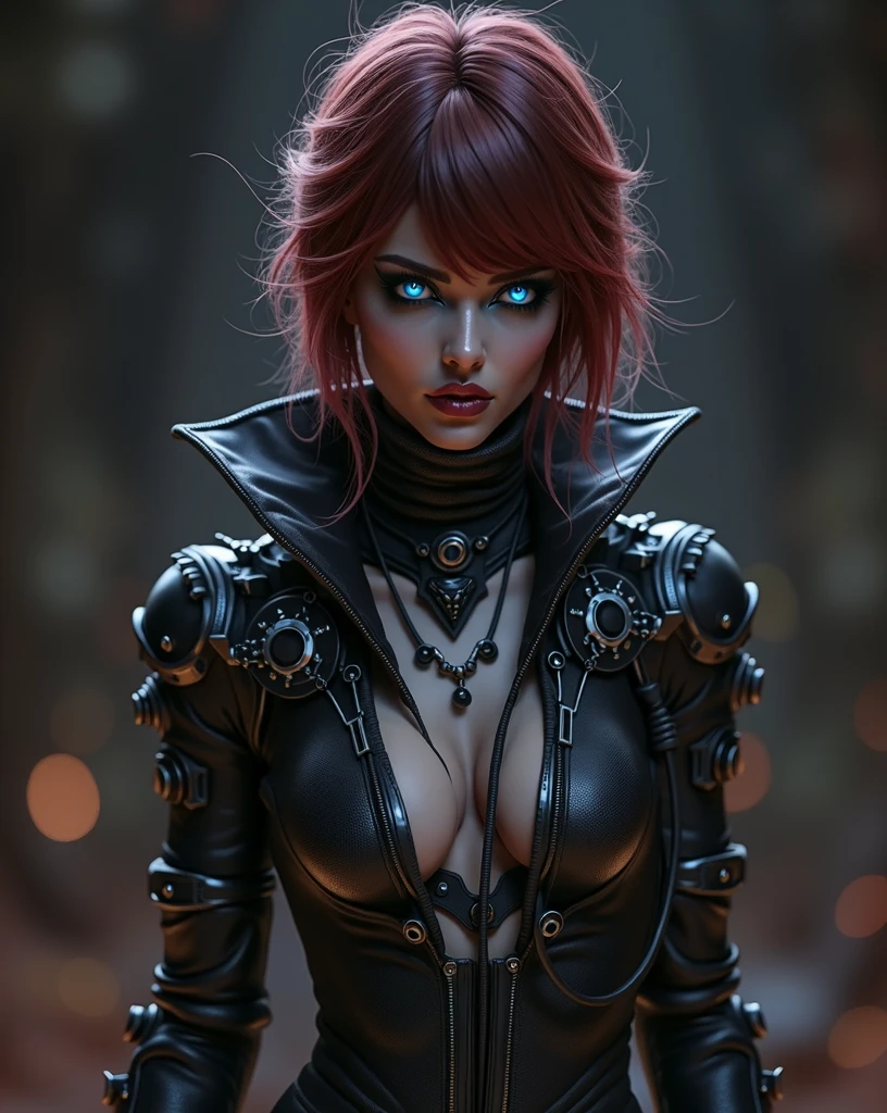 Angels never a close up of a woman with red hair and black makeup, fashionable futuristic woman, dark goth queen with blue eyes, futuristic woman portrait, gothic and futuristic, stunning digital illustration, gorgeous digital art, portrait beautiful sci - fi girl, regal and menacing visage, beautiful cyborg priestess, red haired goddess, epic 3 d abstract emo girl, seductive cyberpunk dark fantasy