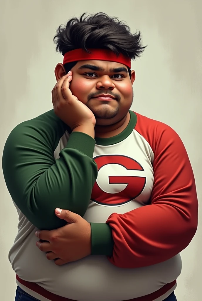 Realistic. Masterpiece. High detail. Real human One teenage .man Chubby India average 15 year old.. Big body. Body fat . Wear green red white long sleeve"G" Logo on shirt. Hairy hand. Wear head band red white. Hand holding face. Bulking.