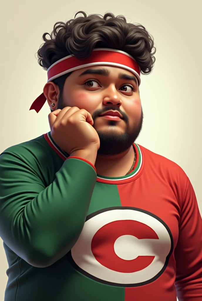 Realistic. Masterpiece. High detail. Real human One teenage .man Chubby India average 15 year old.. Big body. Body fat . Wear green red white long sleeve"G" Logo on shirt. Hairy hand. Wear head band red white. Hand holding face. Bulking.