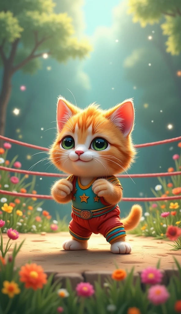 cute cat pro wrestler, Clear picture quality, eight,Short and cute legs, During a professional wrestling match, fantasy meadow background