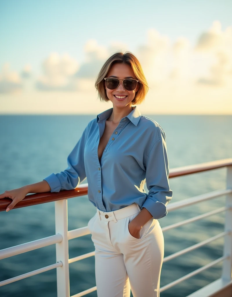 (((wide shot, full body, beautiful 35 year old desirable asian woman with distinguished features posing next to the railing on a cruise ship at sunrise))), ( sunglasses stylish blue shirt, white pants, loafers), (light brown short hair, clean face, intriguing brown eyes), muscular build, medium height, seductive smile with a flirty smile, detailed depiction of facial features, perfectly symmetrical face, bright outdoor sunrise lighting masterfully accentuates her excellent features blue atmosphere