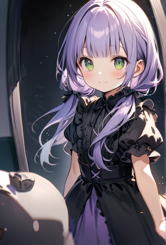 (watercolor:0.4), (pastel:0.4), (sketch:0.4) extremely detailed, 8k cg wallpaper, stunning art, absurdres, a cute child girl, 10yo, (pale purple hair,low-twintails,blunt bangs,green eyes), frilled gothic wear, short sleeves, BREAK light smile, The image of a girl reflected in the dressing table, smiling, with her hair tied in low twin tails, dressed as a black maid, and a black cat curled up in front of the mirror, (depth of field:1.3), from front,, (sparkles particles:1.1), bokeh,
