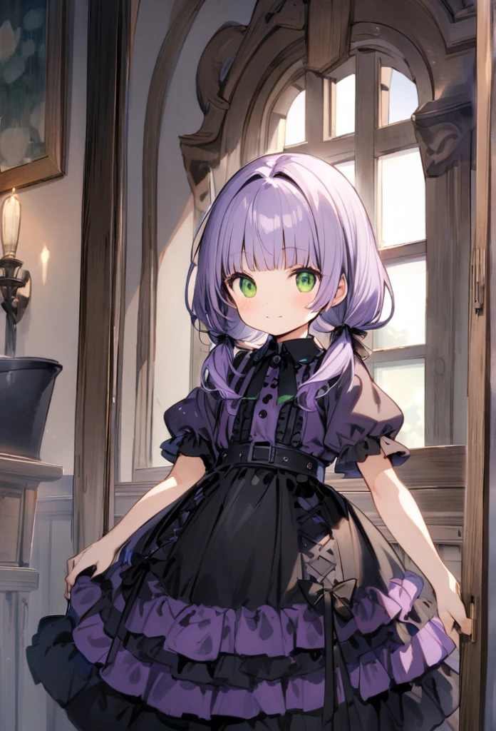 (watercolor:0.4), (pastel:0.4), (sketch:0.4) extremely detailed, 8k cg wallpaper, stunning art, absurdres, a cute  girl, 10yo,pale purple hair,low-twintails,blunt bangs,green eyes), frilled gothic wear, short sleeves, BREAK light smile, The image of a girl reflected in the dressing table, smiling, with her hair tied in low twin tails, dressed as a black maid, and a black cat curled up in front of the mirror, (depth of field:1.3), from front,, (sparkles particles:1.1), bokeh,