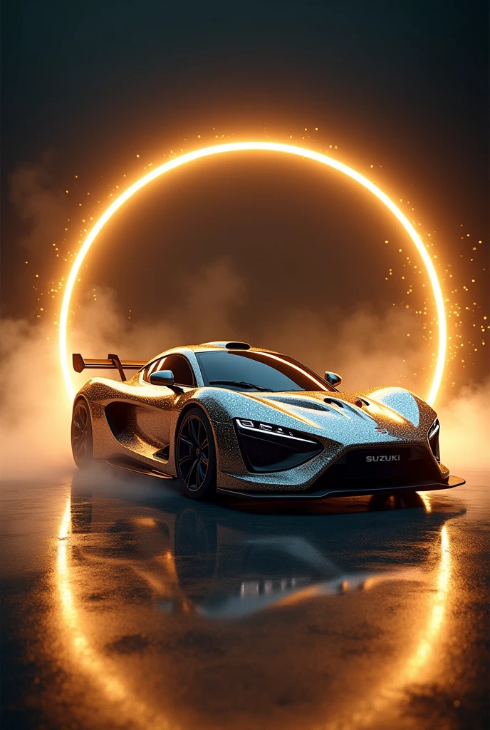 Sports car with realistic glitter paint coming out of a stylish gold circular frame, with flashes of golden lights around, and the title “Suzuki” at the bottom