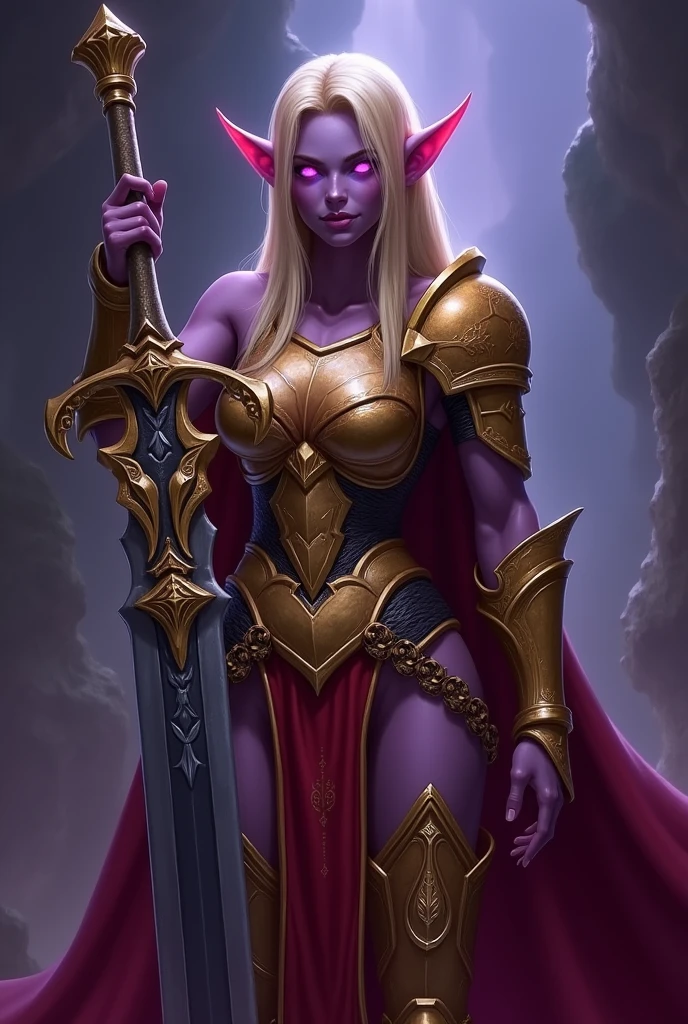 World of Warcraft Game Theme Image of a 32 year old white haired elf standing holding her favorite War Hammer,dark purple Skin,blood elf Paladin Wow, Long elf ears, glowing purple eyes, golden armor, Golden Pauldrons, Golden skull Pauldron, Gold and Red Chestpiece,golden Gauntlets, Dark red tabard,  dramatic tones. A masterpiece with the highest resolution. , Surrealist image type