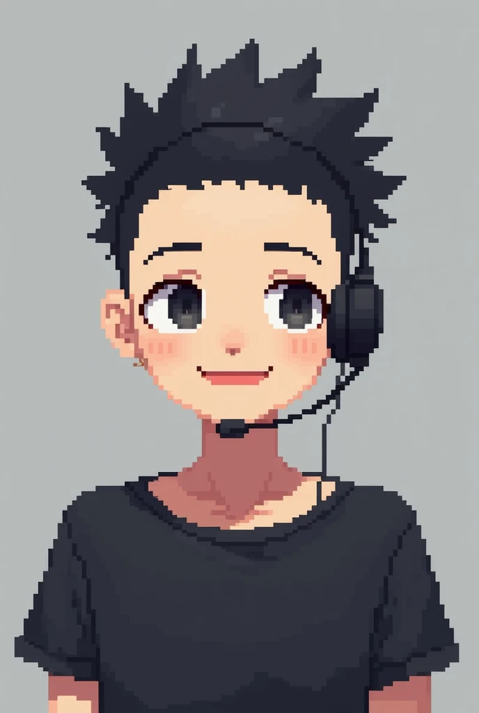 Create a boy in pixel art. This man has short black hair, Shaving cut.. This guy is wearing a black T-shirt、The image has a grey background.. he'The face is smiling, Have a black eye. This guy is wearing a headset、Delicate modeling