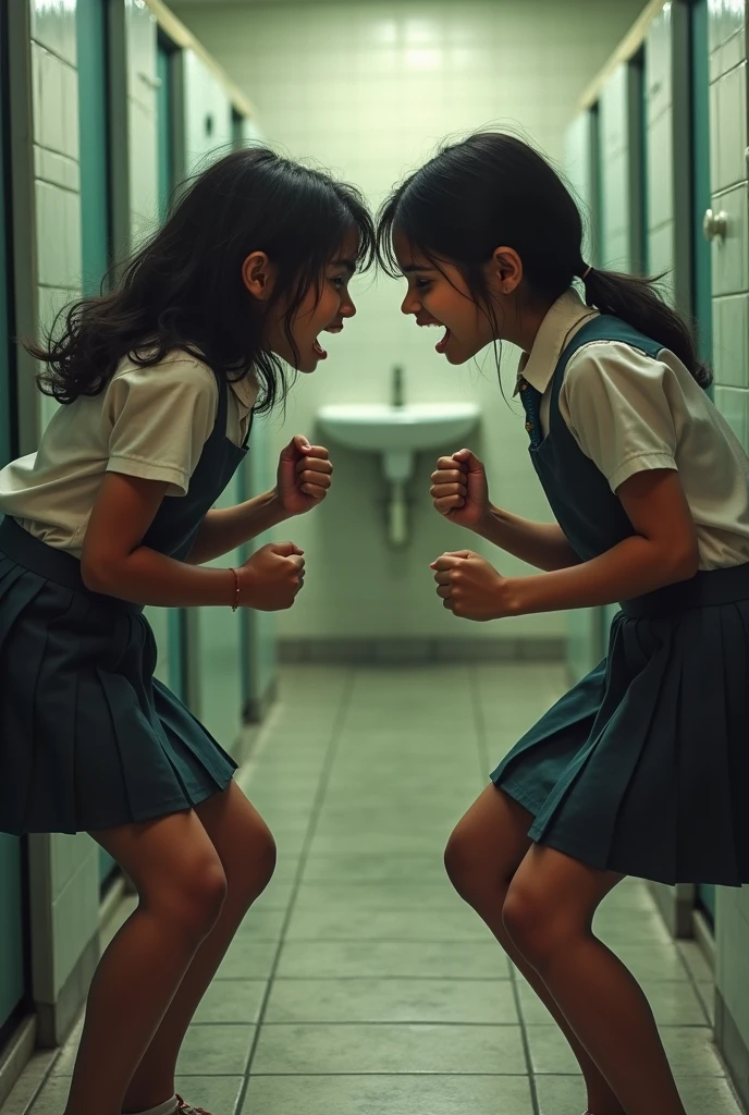 A fight between 2 Indian girls wearing skirts. In school girls toilet angry face.