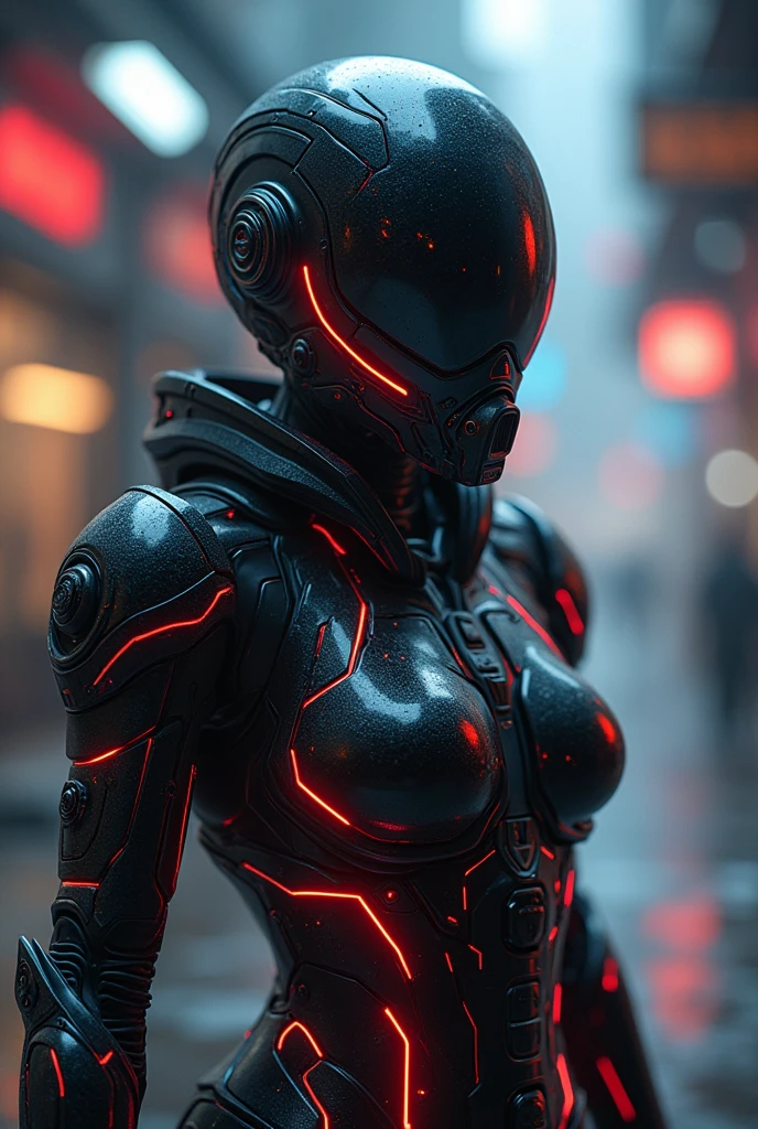 (best quality), future, 1girl, solo, miko motif exoskeleton suit, led, gas mask, holding blade, machinery, digital engraving, ultra highres, absurdres, deep glow effect, hdr, light particles, cinematic lighting, depth of field