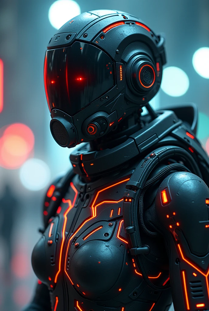 (best quality), future, 1girl, solo, miko motif exoskeleton suit, led, gas mask, holding blade, machinery, digital engraving, ultra highres, absurdres, deep glow effect, hdr, light particles, cinematic lighting, depth of field