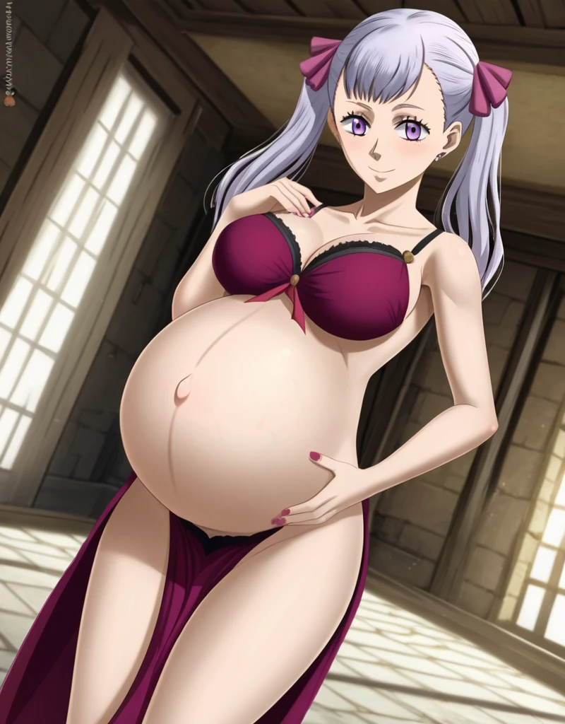 noelle_blackclover, Noelle Silva, Black Clover, long silver hair, waist-length hair, half-up half-down hairstyle, ribbon, side-parted bangs, almond-shaped blue eyes, high-quality, ultra-detailed, beast quality, 8K resolution,
looking at viewer, dutch angle, cowboy shot, smile, pregnant belly, large belly, big belly, big Breasts,
1girl,solo, indoors, happy, Smiling, rub belly,
full body, Nail polish,