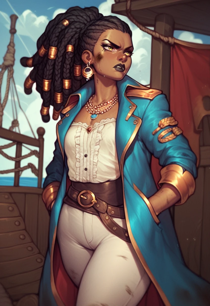 black pirate woman with long dreadlocks tied in a ponytail, black lipstick, yellow eyes clothes covered in blood, small breasts, dirty blue coat, white oversize pants, white shirt, serious face, belts all over her body, stormy weather, dark sky, on ship, golden earrings and necklaces, walking menacingly, hands in pockets