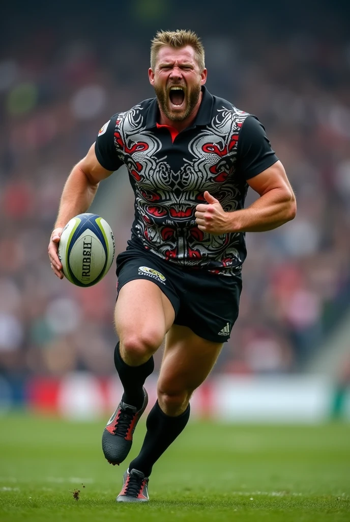 Rugby player running with rugby ball scream wearing jersey maori pattern design black white red wearing black shirt black sock
