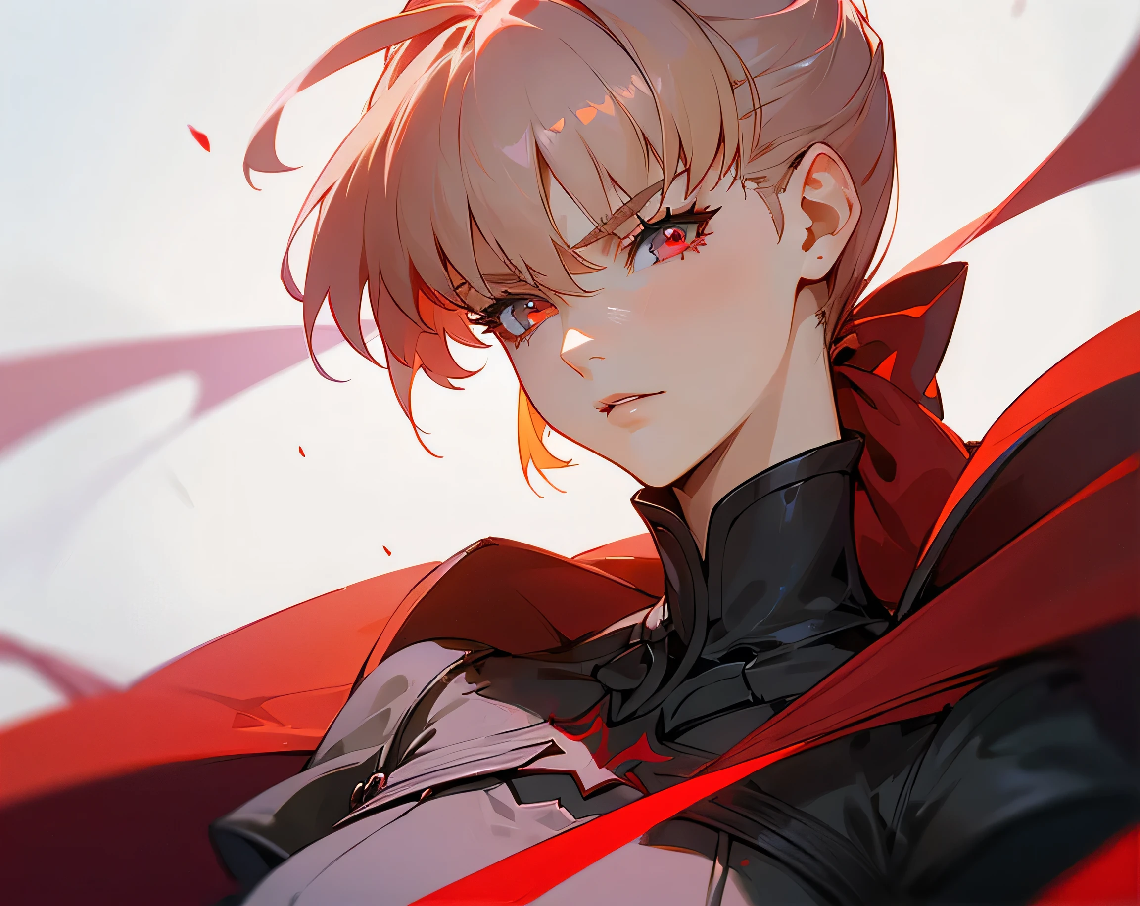 Elegant woman with cool red-purple heterochromia eyes, red dress, Nero (((Fate/Grand_Order))), (((masterpiece))), (((high quality))), short blonde hair (top quality, 8k, high, masterpiece), highly detailed facial features, intricate details, natural lighting, warm color, soft focus, digital painting, fantasy art, silhouette, red light, eerie atmosphare, green aura, black particles, red eyes pupils, perfect eyes, beautiful eyes, big breasts, ponytail hair back