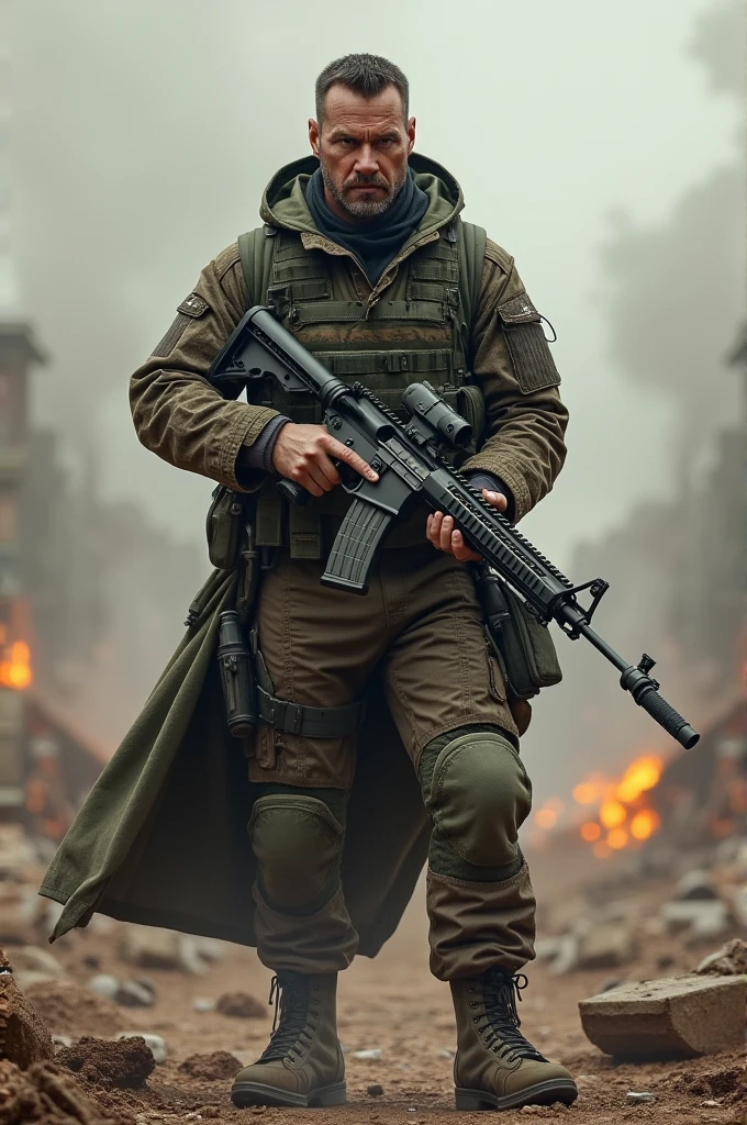 One man army dress with gun and war place background in 16:9 ratio 