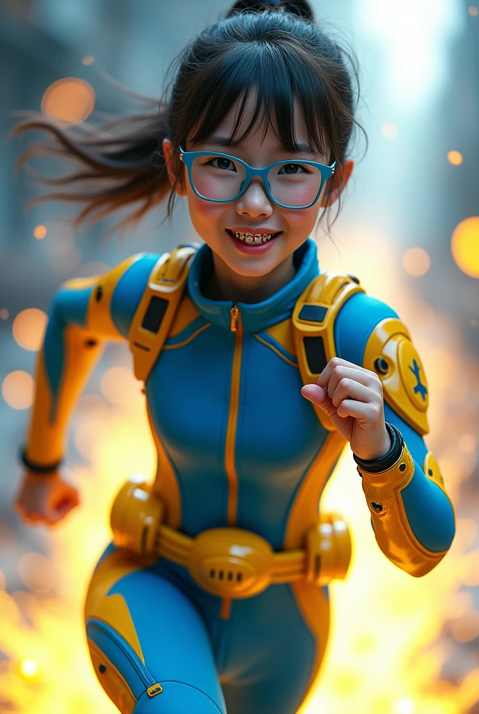 Chinese girl average wear jumpa shuit high tech(( blue yellow)). Running effect. Glowing yellow power. Runfast effect. Wear blue big glasses big frame. Braces teeth. Boleh background. Panning effect. Yellow high tech watch.
