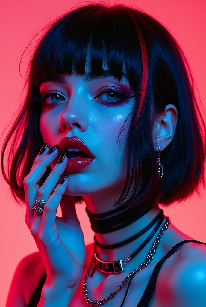 masterpiece, neon splash art of a goth cyberpunk girl, straight-cut bob, bangs, black hair with red streak, earrings, necklaces, red thin lips, dark eyeshadow, choker, black nail varnish, one hand near her mouth, sensual, sexy, vibrant surreal colours